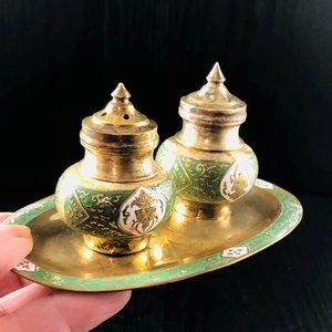 Vintage Cloisonne Enameled Brass Salt & Pepper Shakers W/ Tray Buddhist Buddha